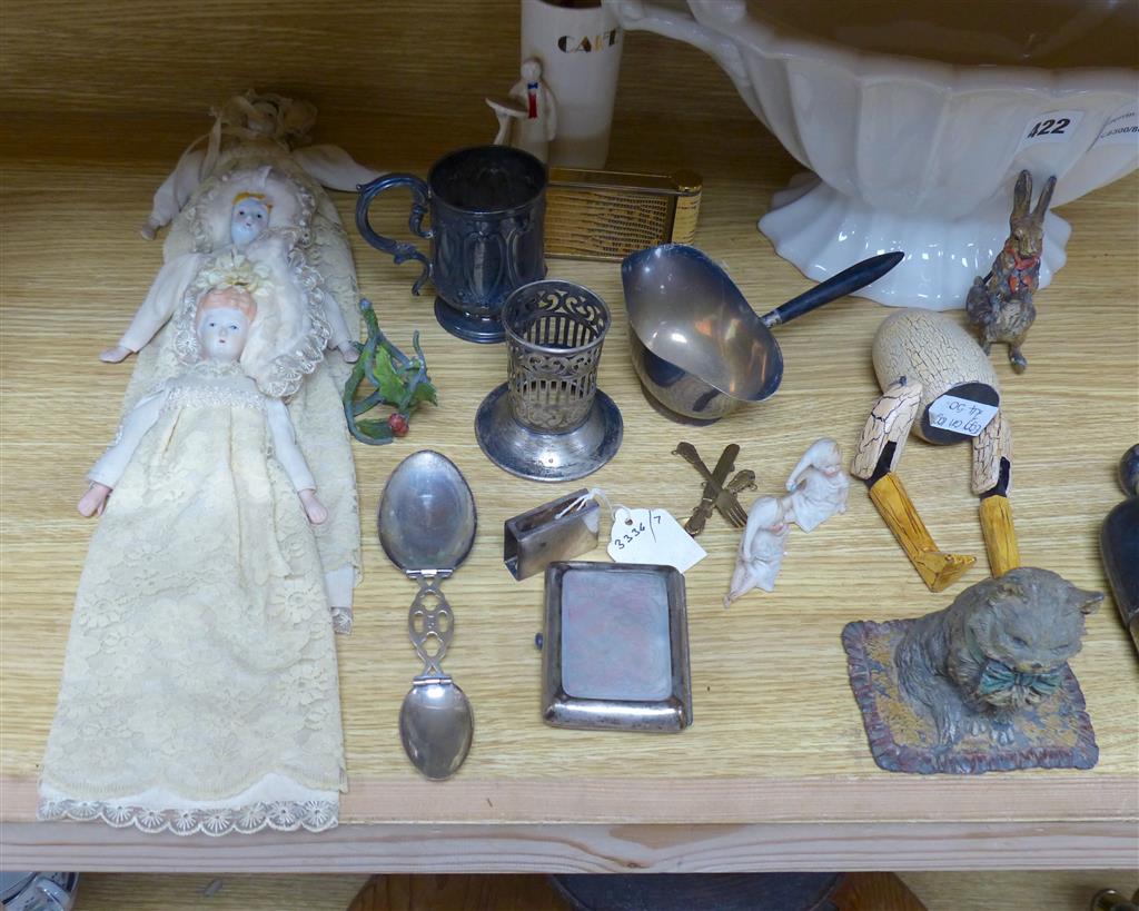 A mixed quantity of collectables to include plated wares, three porcelain headed dolls, small silver, etc.